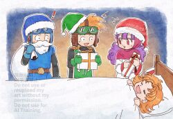  2boys 2girls aviator_cap aviator_goggles betabetamaru black_bodysuit blonde_hair blue_gloves blue_tunic bodysuit box brother_and_sister cape capelet cloak commentary_request curly_hair dragon_quest dragon_quest_ii fake_beard fake_facial_hair gift gift_box gloves goggles goggles_on_head green_gloves hat holding holding_gift long_hair multiple_boys multiple_girls open_mouth pink_capelet pink_hood ponytail prince_of_lorasia prince_of_samantoria princess_of_moonbrook princess_of_samantoria purple_hair red_eyes robe santa_hat short_hair siblings sleeping spiky_hair tunic white_beard white_robe 