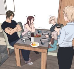  1boy ass beard blonde_hair child claire_redfield emily_(resident_evil) facial_hair food grace_ashcroft grey_hair husband_and_wife leon_s._kennedy onesie resident_evil resident_evil_requiem rig sherry_birkin short_hair smile stuffed_animal stuffed_toy teddy_bear tsarwenn 