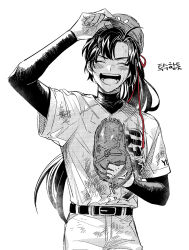  1boy :d adjusting_clothes adjusting_headwear ahoge alternate_costume baseball baseball_cap baseball_mitt baseball_uniform belt blush closed_eyes contemporary cowboy_shot dirty dirty_clothes dirty_face greyscale hair_ribbon hand_on_headwear hand_up hat highres holding korean_text layered_sleeves long_hair long_sleeves male_focus melmerry modao_zushi monochrome open_mouth pants ponytail red_ribbon ribbon shirt short_over_long_sleeves short_sleeves signature simple_background smile solo sportswear spot_color standing sweat teeth turtleneck twitter_username very_long_hair wei_wuxian white_background 