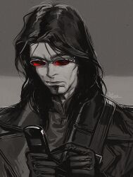  1boy black_hair cheekbones cuthbert_beckett facial_hair gloves holding holding_phone lips male_focus nose phone pngheavy red-tinted_eyewear solo soul_patch sunglasses tinted_eyewear upper_body vampire:_the_masquerade_-_bloodlines world_of_darkness 