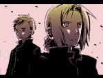  alphonse_elric brothers edward_elric fullmetal_alchemist gradient letterboxed male monochrome multiple_boys pink_background siblings 