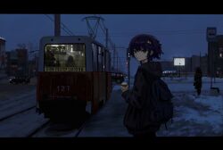  ad_(object) backpack bag black_hoodie blue_bag car cherepovets city coffee commentary_request cup disposable_coffee_cup disposable_cup expressionless green_eyes grey_sky hair_ornament hairpin handbag highres holding holding_cup hood hoodie jacket ktm-5 lamppost looking_at_viewer motor_vehicle multicolored_hair original overhead_line pantograph power_lines purple_hair railroad_crossing railroad_tracks real_world_location revision road road_sign russia russian_text scenery shuimo sign sky snow star_(symbol) street streetcar traffic_light translated utility_pole winter 