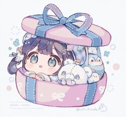 1girl artist_name black_hair blue_eyes blue_ribbon blunt_bangs blush_stickers box chibi chibi_only commentary_request full_body gift gift_box hair_ornament hairclip highres in_box in_container long_hair open_mouth original parallel_hairclips ribbon sencha_(senta_10) simple_background solo stuffed_animal stuffed_toy teddy_bear twitter_username watermark white_background 