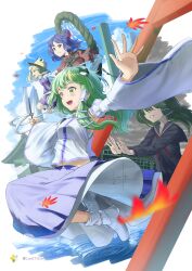  :d bare_shoulders black_serafuku blonde_hair blue_skirt chest_sarashi closed_mouth detached_sleeves frog_hair_ornament gohei green_eyes green_hair hair_ornament hair_tubes hashtag-only_commentary highres holding holding_gohei kochiya_sanae leaf long_hair long_sleeves maple_leaf medium_hair midriff_peek moriya_suwako navel nontraditional_miko open_mouth otomeza_ryuseigun purple_hair purple_skirt purple_vest pyonta red_eyes red_shirt sarashi school_uniform serafuku shirt shoes single_hair_tube skirt smile snake_hair_ornament socks torii touhou turtleneck turtleneck_shirt twitter_username vest water white_shirt white_shoes white_socks yasaka_kanako 