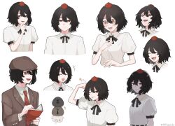  1girl animalization bird black_bow black_bowtie bow bowtie brown_hair brown_hat brown_jacket collared_shirt commentary_request crow flat_cap hat highres himekaidou_hatate himekaidou_hatate_(crow) holding holding_pen inubashiri_momiji inubashiri_momiji_(wolf) jacket long_sleeves multiple_views necktie one_eye_closed pen puffy_short_sleeves puffy_sleeves red_eyes red_hat red_necktie shameimaru_aya shameimaru_aya_(crow) shameimaru_aya_(newsboy) shirt short_hair short_sleeves smile suit_jacket tehepero tktkhappymchyru tokin_hat touhou twitter_username white_shirt wolf writing 