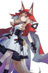 1girl absurdres animal_ears areaaaron arknights arknights:_endfield black_boots black_gloves blonde_hair boots bright_pupils brown_eyes cape clothing_request commentary dagger fingerless_gloves gloves highres holding holding_dagger holding_knife holding_weapon hood hooded_cape knife looking_afar low-tied_sidelocks red_hood reverse_grip rossi_(arknights) sidelocks sideways_glance simple_background solo tail weapon white_background wolf_ears wolf_girl wolf_tail 