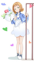 1girl ally_(puyopuyo) blue_jacket blue_shoes blush bouquet commentary_request dress frilled_sleeves frills full_body green_eyes heart heart_in_eye heart_print highres holding holding_bouquet jacket long_sleeves open_mouth orange_hair pa._(tatuya28001) puyopuyo shadow shoes simple_background solo symbol_in_eye white_background white_dress 