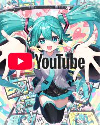  1girl :d ;3 aqua_eyes aqua_hair aqua_necktie arm_tattoo ball black_boots black_skirt black_sleeves blush boots coke-bottle_glasses collared_shirt commentary_request controller detached_sleeves full_body game_controller glasses grey_shirt hatsune_miku headset heart highres instrument irasutogakari long_sleeves looking_at_viewer miku_day music musical_note necktie net number_tattoo official_art one_eye_closed open_mouth outstretched_arms playing_instrument playing_piano pleated_skirt shirt skirt smile soccer_ball spring_onion tattoo teeth thigh_boots tie_clip tongue twintails upper_teeth_only vocaloid youtube youtube_logo 