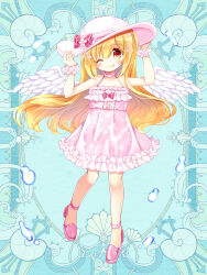  1girl astra_dewprism blonde_hair bow breasts dress frilled_dress frills full_body hat hat_bow kerberos_blade kohaku_muro long_hair looking_at_viewer pink_dress pink_shoes red_eyes scrunchie shoes small_breasts smile solo standing white_hat white_wings wings wrist_scrunchie 