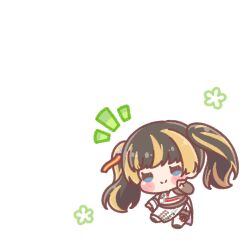  1girl black_hair blonde_hair blue_eyes blush_stickers boots brown_pantyhose chibi closed_mouth commentary_request highres hololive hololive_dev_is juufuutei_raden knee_boots long_hair long_sleeves mitarashi_neko multicolored_hair notice_lines pantyhose shirt simple_background skirt smile solo streaked_hair twintails very_long_hair virtual_youtuber white_background white_boots white_shirt white_skirt 