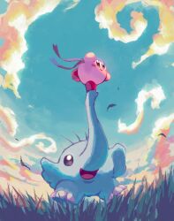  aruco_co blue_sky blush blush_stickers closed_mouth clouds copy_ability day grass headband highres kirby kirby_(series) no_humans open_mouth outdoors phan_phan purple_headband sky smile standing standing_on_one_leg throw_kirby 