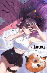  1girl \m/ arm_up armpits bare_arms bare_shoulders bed_sheet black_bow black_shorts blush bow breasts character_name commentary crop_top firstep fox fox_shadow_puppet grin hair_bow high-waist_shorts highres jacket jewelry jururu large_breasts long_hair looking_at_viewer lying midriff multicolored_hair necklace official_alternate_costume on_back one_eye_closed pink_jacket purple_hair shirt short_shorts shorts sleeveless sleeveless_shirt smile solo thigh_strap thighs unworn_jacket violet_eyes virtual_youtuber waktaverse white_shirt 