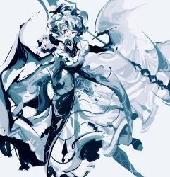  1girl bat_wings blue_background blue_hair blue_theme commentary_request dress facing_viewer fingernails full_body full_lake hat highres holding holding_polearm holding_weapon outstretched_arms polearm reaching reaching_towards_viewer red_eyes red_nails remilia_scarlet sharp_fingernails shirt short_hair sideways_glance simple_background smile solo spear_the_gungnir touhou weapon wings 