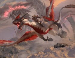  1boy armor boots claws clouds daarkenart dragon dragon_horns dragon_tail dragonlord_ojutai feathered_dragon feathered_wings feathers flying fur_trim highres holding holding_sword holding_weapon horns leather leather_boots magic:_the_gathering monster orc pauldrons red_feathers red_wings riding riding_dragon rock shoulder_armor single_pauldron sword tail teeth tongue vambraces weapon white_wings wings zurgo_(magic:_the_gathering) 