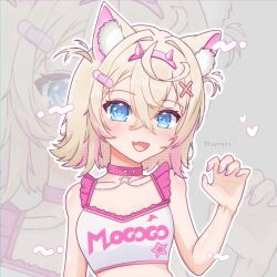  1girl absurdres animal_ears blonde_hair blue_eyes commentary dog_ears dog_girl english_commentary fang highres hololive hololive_english mococo_abyssgard mococo_abyssgard_(casual) multicolored_hair nail_polish namiriart official_alternate_costume pink_nails pink_streaks self-upload shirt short_hair skin_fang smile solo streaked_hair virtual_youtuber white_hair white_shirt 