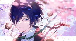  1boy absurdres akiyoshi_nozomu black_jacket black_ribbon blue_eyes blue_hair cherry_blossoms gekkoukan_high_school_uniform hashtag-only_commentary headphones highres jacket letterboxed male_focus neck_ribbon persona persona_3 petals pink_petals ribbon school_uniform shirt solo watermark white_shirt yuuki_makoto_(persona_3) 