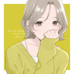  1girl covering_own_mouth ear_piercing hand_up long_sleeves looking_at_viewer nozawa_(nooo1709) original outside_border piercing short_hair sleeves_past_wrists solo sweater v-neck watermark yellow_sweater 