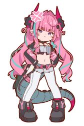  1girl absurdres annoyed arknights arknights:_endfield black_boots black_gloves black_horns blue_streaks boots crop_top daichi_(daichi_catcat) deformed detached_sleeves dragon_girl dragon_horns dragon_tail drill_hair full_body gloves hair_around_horn hair_intakes hands_on_own_hips hashtag-only_commentary highres horns large_tail long_sleeves looking_at_viewer multicolored_hair multicolored_horns navel pants pink_hair pink_horns pointy_ears simple_background solo stomach streaked_hair tail tail_strap thick_eyebrows tsurime twin_drills two-tone_horns white_background white_pants yvonne_(arknights) 