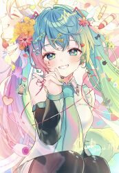  1girl ai_kotoba_v_(vocaloid) aqua_eyes aqua_hair aqua_nails aqua_necktie black_boots black_skirt black_sleeves blush boots breasts collared_shirt commentary_request crayon detached_sleeves flower gradient_hair green_nails grin hair_flower hair_ornament hatsune_miku hatsune_miku_(vocaloid4) headset heart heart_hair_ornament highres long_sleeves miku_day multicolored_hair necktie pink_flower pink_hair shirt signature skirt smile star_(symbol) tananuki teeth thigh_boots twintails twitter_username v4x vocaloid white_shirt x_hair_ornament 