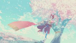  1girl absurdres animal_ears asymmetrical_clothes asymmetrical_pants blue_eyes blue_sky brown_hair cherry_blossoms closed_mouth clothes_around_waist clouds commentary_request denim fur-trimmed_jacket fur_trim hair_between_eyes highres horse_ears horse_girl horse_tail jacket jacket_around_waist jeans long_sleeves midriff mukai_saki narita_taishin_(nevertheless)_(umamusume) narita_taishin_(umamusume) outdoors pants petals pink_jacket shirt short_hair single_pantsleg sky solo tail tank_top tied_shirt torn_clothes torn_jeans torn_pants tree umamusume yellow_shirt yellow_tank_top 