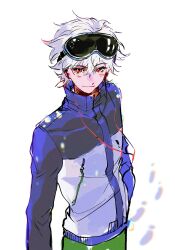  1boy closed_mouth commentary_request earphones goggles goggles_on_head green_pants hair_between_eyes hand_in_pocket highres looking_at_viewer male_focus nagisa_kaworu neon_genesis_evangelion pants red_eyes short_hair ski_goggles solo ssssenferda white_hair zipper 