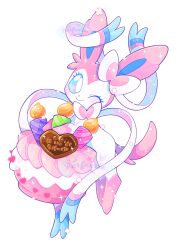  artist_name bad_source blue_eyes cake candle dessert food heart highres holding holding_cake holding_food one_eye_closed parfaerie pokemon pokemon_(creature) simple_background solo solo_focus sylveon white_background white_fur 