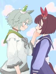  2girls animal_ears black_hair black_tail blue_eyes blue_sky blush bow bowtie closed_mouth clouds cloudy_sky colored_eyelashes commentary_request day ear_covers from_side green_sailor_collar grey_hair grey_tail hair_ornament hand_on_another's_cheek hand_on_another's_face highres horse_ears horse_girl horse_tail horseshoe_ornament komori_kamome long_sleeves looking_at_another multiple_girls nishino_flower_(umamusume) open_mouth pleated_skirt purple_sailor_collar purple_shirt purple_skirt sailor_collar sailor_shirt school_uniform seiun_sky_(reeling_in_the_big_one)_(umamusume) seiun_sky_(umamusume) shirt short_hair single_ear_cover skirt sky smile tail tracen_school_uniform umamusume white_bow white_bowtie white_shirt x_hair_ornament yuri 