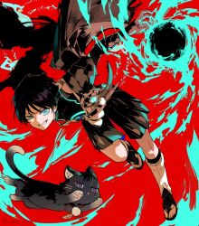  anemo_symbol_(genshin_impact) animalization armor bent_over black_bridal_gauntlets black_cape black_cat black_shorts blue_eyes blue_gem blunt_ends body_markings bridal_gauntlets cape cat choppy_bangs commentary_request feathers fingernails gem genshin_impact glowing_gem glowing_markings grin hakama hakama_shorts incoming_attack japanese_armor japanese_clothes kimono kote kurokote leg_warmers limited_palette looking_at_viewer male_focus nanora_(sero4) open_clothes open_hand open_kimono outstretched_arms person_and_animalization pleated_shorts pom_pom_(clothes) red_background scaramouche_(cat)_(genshin_impact) scaramouche_(genshin_impact) shorts shoulder_peek side_cape smile spread_arms string teeth toeless_legwear toenails toes twitter_username uneven_eyes vortex wanderer_(genshin_impact) wind yellow_feathers 
