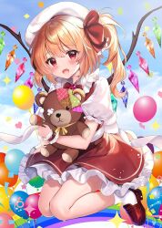  1girl :d balloon beret blonde_hair blue_sky bow clouds collared_shirt commentary confetti fang flandre_scarlet frilled_shirt_collar frilled_sleeves frills full_body hair_between_eyes hair_bow hat heart holding holding_stuffed_toy loafers long_hair looking_at_viewer one_side_up open_mouth outdoors puffy_short_sleeves puffy_sleeves rainbow_gradient red_bow red_eyes red_shoes red_skirt rikatan shirt shoes short_sleeves skin_fang skirt sky smile socks solo stuffed_animal stuffed_toy teddy_bear touhou white_hat white_shirt white_socks wings 