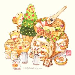  +_+ almond apple artist_name banana banana_slice bird blueberry blush bottle chibi chipmunk closed_eyes commentary_request curtains display_case drooling flower flower_pot food fruit fruit_tree gloves grapes grey_background holding holding_spoon leaf milk_bottle no_humans original pink_flower polka_dot sign simple_background spoon squeeze_bottle squirrel strawberry talbi tenugui tree watermark wicker_basket wooden_bowl wooden_spoon 