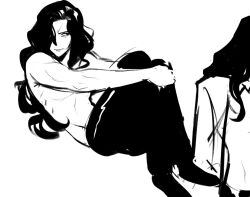  1boy black_hair black_pants hair_over_one_eye hands_on_own_legs highres long_hair looking_to_the_side lovemaid22 male_focus michael_roa_valdamjong monochrome pants sitting sketch toned toned_male topless_male tsukihime unfinished wavy_hair 