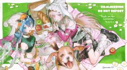  2girls absurdres apple blonde_hair blue_eyes blue_hair commentary dog food fruit grass green_apple highres kneeling multiple_girls original pink_eyes sowanai yuri 