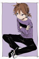 1boy ai-assisted annoyed bandit_(kuku88) black_pants black_shoes brown_hair colokhan commentary crossed_arms english_commentary full_body highres light_frown looking_to_the_side male_focus on_ground original pants ponytail powerpuff_girls purple_background purple_shirt shirt shoes short_ponytail sitting violet_eyes white_background white_shoes 