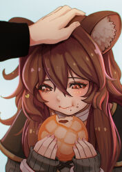  1girl animal_ear_fluff animal_ears artist_name black_dress black_shirt blush bread brown_hair closed_mouth collar crumbs dress eating food food_on_face grey_dress headpat heart holding holding_food iwatani_naofumi layered_dress long_hair long_sleeves looking_at_food magion02 melon_bread messy_hair metal_collar metal_wrist_cuffs out_of_frame raccoon_ears raccoon_girl raphtalia red_eyes shirt short_sleeves sleeves_past_wrists tate_no_yuusha_no_nariagari third-party_source upper_body watermark 