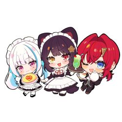  3girls :3 :d alternate_costume ange_katrina animal_ears apron asa_1607 ascot bib_collar black_dress black_jacket black_pants black_shoes blue_eyes blue_hair blue_ribbon blush blush_stickers breasts brown_hair brown_shoes brown_tail butler cherry chibi chibi_only closed_eyes collared_dress commentary crossdressing crossdressing_(ftm) cup dog_ears dog_girl dog_tail dress drink drinking_glass drinking_straw enbutlered flower food frilled_apron frilled_dress frills fruit full_body grey_vest hair_flower hair_intakes hair_ornament hair_ribbon heterochromia highres holding holding_cup holding_drink holding_food holding_plate holding_saucer holding_teapot holding_tray ice_cream ice_cream_float inui_toko inui_toko_(western_maid) jacket large_breasts lize_helesta lize_helesta_(9th_costume) long_dress long_sleeves looking_at_viewer maid maid_headdress medium_dress melon_soda multicolored_hair multiple_girls neck_ribbon nijisanji omelet omurice one_eye_closed open_clothes open_jacket open_mouth pants plate ponytail pouring red_eyes red_hair red_ribbon ribbon sanbaka_(nijisanji) saucer serving shoes short_ponytail simple_background sleeve_cuffs smile socks streaked_hair tail teacup teapot tray triangle_hair_ornament twintails two-tone_hair underbust vest violet_eyes virtual_youtuber waist_apron waistcoat white_apron white_ascot white_background white_hair white_headdress white_socks yellow_eyes 