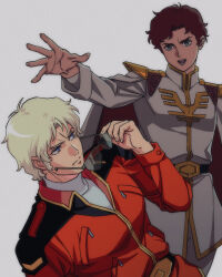  2boys amuro_ray aviator_sunglasses belt blonde_hair blue_eyes brown_hair char's_counterattack char_aznable commentary_request earth_federation epaulettes glasses gundam highres jacket long_sleeves military military_uniform multiple_boys neo_zeon short_hair sunglasses yy0880yy zeon 