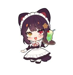  1girl :3 :d animal_ears apron asa_1607 bib_collar black_dress black_shoes blush_stickers breasts brown_hair brown_tail cherry chibi chibi_only collared_dress cup dog_ears dog_girl dog_tail dress drink drinking_glass drinking_straw flower food frilled_apron frills fruit full_body hair_flower hair_ornament hashtag-only_commentary heterochromia highres holding holding_drink holding_tray ice_cream ice_cream_float inui_toko inui_toko_(western_maid) large_breasts long_dress long_sleeves looking_at_viewer maid_headdress melon_soda neck_ribbon nijisanji open_mouth red_eyes red_ribbon ribbon serving shoes simple_background sleeve_cuffs smile socks solo tail tray underbust virtual_youtuber waist_apron white_apron white_background white_headdress white_socks yellow_eyes 