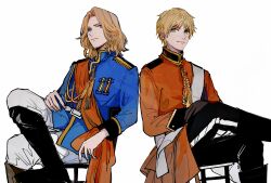  2boys absurdres aiguillette axis_powers_hetalia blonde_hair blue_eyes blue_jacket boots commentary_request facial_hair feet_out_of_frame france_(hetalia) gloves goatee_stubble green_eyes high_collar highres jacket long_sleeves male_focus medium_hair military_jacket military_uniform multiple_boys pants red_jacket red_sash sash shenhaihua short_hair simple_background sitting smile stubble thick_eyebrows united_kingdom_(hetalia) white_background white_sash 