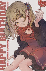  1girl :o absurdres azusawa_kohane black_jacket black_nails blonde_hair blue_ribbon bow bow_earrings candy character_name chest_bow chinese_commentary cleavage_cutout clothing_cutout collared_dress commentary demon_wings dress du_da_la earrings english_text fingernails food frilled_dress frills hair_ornament hair_ribbon hairclip hand_up happy_birthday head_tilt heart heart-shaped_food heart-shaped_lollipop heart_earrings highres invisible_chair jacket jacket_partially_removed jewelry lollipop looking_at_viewer medium_hair mixed-language_commentary multicolored_nails multicolored_ribbon nail_polish off_shoulder official_alternate_costume official_alternate_hair_length official_alternate_hairstyle open_clothes open_jacket project_sekai red_bow red_dress red_nails red_ribbon ribbon shaped_lollipop sitting solo take_the_best_shot!_(project_sekai) two_side_up white_background wings yellow_eyes 