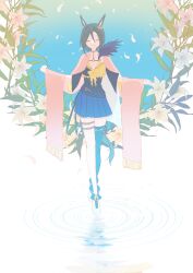  1girl absurdres air_groove_(empress_road)_(umamusume) air_groove_(umamusume) animal_ears blue_skirt bow breasts brown_hair closed_eyes closed_mouth commentary_request ear_bow ear_chain flower highres horse_ears horse_girl horse_tail linked_piercing mukai_saki piercing pink_shawl ripples sailor_collar shawl shirt short_hair side_cape single_thighhigh skirt smile solo tail thigh-highs thigh_strap umamusume water yellow_bow yellow_sailor_collar 