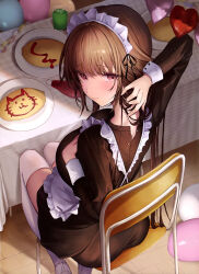  1girl absurdres adjusting_hair apron arm_behind_head balloon black_dress blush breasts brown_eyes brown_hair chair closed_mouth dengeki_moeoh dress food frilled_apron frills from_above from_behind full_body hand_on_own_chest highres indoors ketchup ketchup_bottle large_breasts long_hair long_sleeves looking_at_viewer looking_back looking_up magazine_scan maid maid_apron maid_headdress nape omelet omurice on_chair original partially_unbuttoned scan shoes short_dress sitting solo straight_hair table thigh-highs third-party_source uwabaki waist_apron white_apron white_thighhighs wispy_bangs 