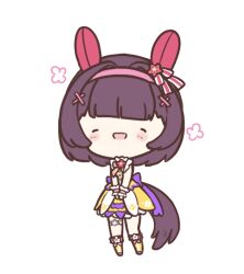  1girl animal_ears blunt_bangs blush boots bow brown_hair chibi closed_eyes commentary dress ear_covers ear_flower english_commentary facing_viewer hair_ornament hairband highres horse_ears horse_girl horse_tail nishino_flower_(tiered_petal)_(umamusume) nishino_flower_(umamusume) open_mouth pink_hairband short_hair sleeveless sleeveless_dress smile solo tail ukichan22905846 umamusume wrist_cuffs x_hair_ornament yellow_boots yellow_dress 