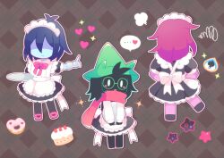  ... 1boy 1girl 1other androgynous animal_ears antenna_hair barefoot black_hair black_pantyhose black_shoes blue_skin blush bow bowtie character_cookie chibi chibi_only closed_mouth colored_skin crossdressing crossdressing_(mtf) deltarune enmaided furry furry_female furry_male glasses green-framed_eyewear green_hat hat heart holding holding_tray index_finger_raised kae77p kris_(dark_world)_(deltarune) kris_(deltarune) lancer_(deltarune) long_hair long_sleeves maid maid_headdress male_maid no_eyes open_mouth pantyhose pink_shoes purple_hair purple_skin ralsei ralsei_(hat) red_bow red_bowtie round_eyewear shaded_face shoes short_hair short_sleeves speech_bubble spoken_ellipsis spoken_heart susie_(dark_world)_(deltarune) susie_(deltarune) tray utdr_(toby_fox) white_eyes 