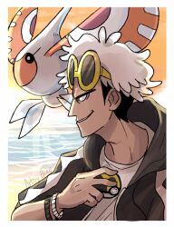  1boy artist_name artsy-theo black_jacket border bracelet commentary english_commentary eyewear_on_head guzma_(pokemon) holding holding_poke_ball jacket jewelry male_focus masquerain open_clothes open_jacket outdoors poke_ball pokemon pokemon_(creature) pokemon_sm shirt short_hair short_sleeves sky smile sunglasses team_skull ultra_ball v-shaped_eyebrows water white_border white_hair white_shirt yellow-framed_eyewear 