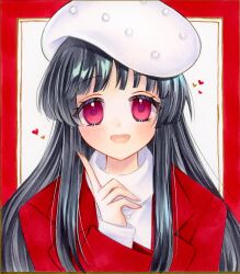  1girl black_hair blush border commentary hat heart highres houraisan_kaguya jacket looking_at_viewer open_clothes open_jacket open_mouth pink_eyes red_border red_jacket smile solo sweater touhou touhou_lostword traditional_media upper_body white_hat white_sweater yuuki_hana_(jtnp5334) 