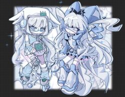  2girls android black_border blue_boots blue_eyes blue_hair blue_hat blue_skirt blue_socks blunt_bangs boots border closed_mouth commentary full_body glasses hat head-mounted_display joints kuro_yagi_(usosakana) long_hair looking_at_viewer multiple_girls original roller_skates skates skirt smile socks sparkle standing twintails untranslatable_commentary very_long_hair virtual_pet_(toy) 