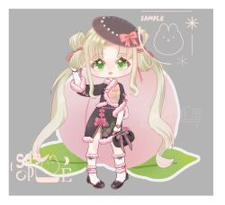  1girl ankle_ribbon argyle_clothes argyle_sleeves argyle_socks bag bag_bow beads black_bag black_hat black_shirt black_shoes black_skirt blonde_hair border bow bow-shaped_hair chibi chinese_clothes commission dot_nose double_bun eyelashes flats food_print fruit_print fur-trimmed_shirt fur-trimmed_skirt fur-trimmed_sleeves fur-trimmed_socks fur_anklet fur_trim green_eyes grey_background hair_bun hair_ribbon handbag hat hat_bow highres holding holding_bag infinity_nikki instantaneousness kneehighs lace-trimmed_bow lace_trim layered_sleeves leg_ribbon light_blush long_hair long_sleeves medium_skirt nikki_(series) open_mouth orange_shirt parted_bangs peach_print pencil_skirt pink_bow pink_ribbon print_shirt print_skirt ribbon sample_watermark see-through_clothes see-through_headwear shirt shoes single_stripe skirt skirt_bow sleeves_past_wrists socks solo standing straight-on striped_ribbon sun_hat surprised tareme tasting_the_world_(infinity_nikki) twintails two-tone_shirt very_long_hair watermark wavy_hair white_border white_sleeves white_socks 