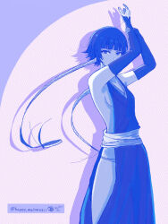  1girl arms_up artist_name bare_shoulders black_eyes black_hair black_hakama black_kimono bleach blue_theme breasts commentary detached_sleeves hakama happy_melon4311 highres japanese_clothes kimono long_hair low-tied_long_hair panties panty_straps short_hair sideboob sideless_outfit small_breasts solo sui-feng underwear white_panties 