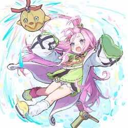  1girl ahoge aino_(genshin_impact) bandaid bandaid_on_leg bangs_pinned_back black_dress bloomers blush coat commentary_request dress floating_hair genshin_impact green_dress green_slippers hair_ornament hairclip halter_dress halterneck highres huge_ahoge lab_coat long_hair long_sleeves loose_socks mismatched_socks motion_lines off_shoulder open_clothes open_coat open_mouth outstretched_arms pink_hair pink_socks robot screw_hair_ornament short_eyebrows sidelocks simple_background sleeveless sleeveless_dress sleeves_past_fingers sleeves_past_wrists slippers socks solo sweatdrop two-sided_coat two-sided_fabric very_long_hair violet_eyes water water_drop white_background white_coat white_socks x_hair_ornament xeitlfrycz64403 