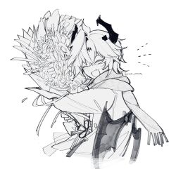  1boy bouquet closed_eyes commentary dragon_boy dragon_horns durin_(genshin_impact) english_commentary flower genshin_impact greyscale holding holding_bouquet horns jacket long_sleeves male_focus monochrome open_mouth parted_bangs rzm_mmzk scarf simple_background smile solo twitter_username white_background 